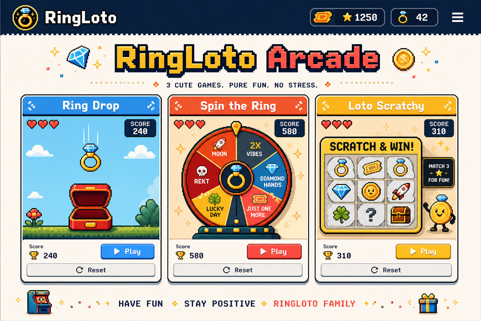 RingLoto Arcade preview with Ring Drop, Spin the Ring, and Loto Scratchy